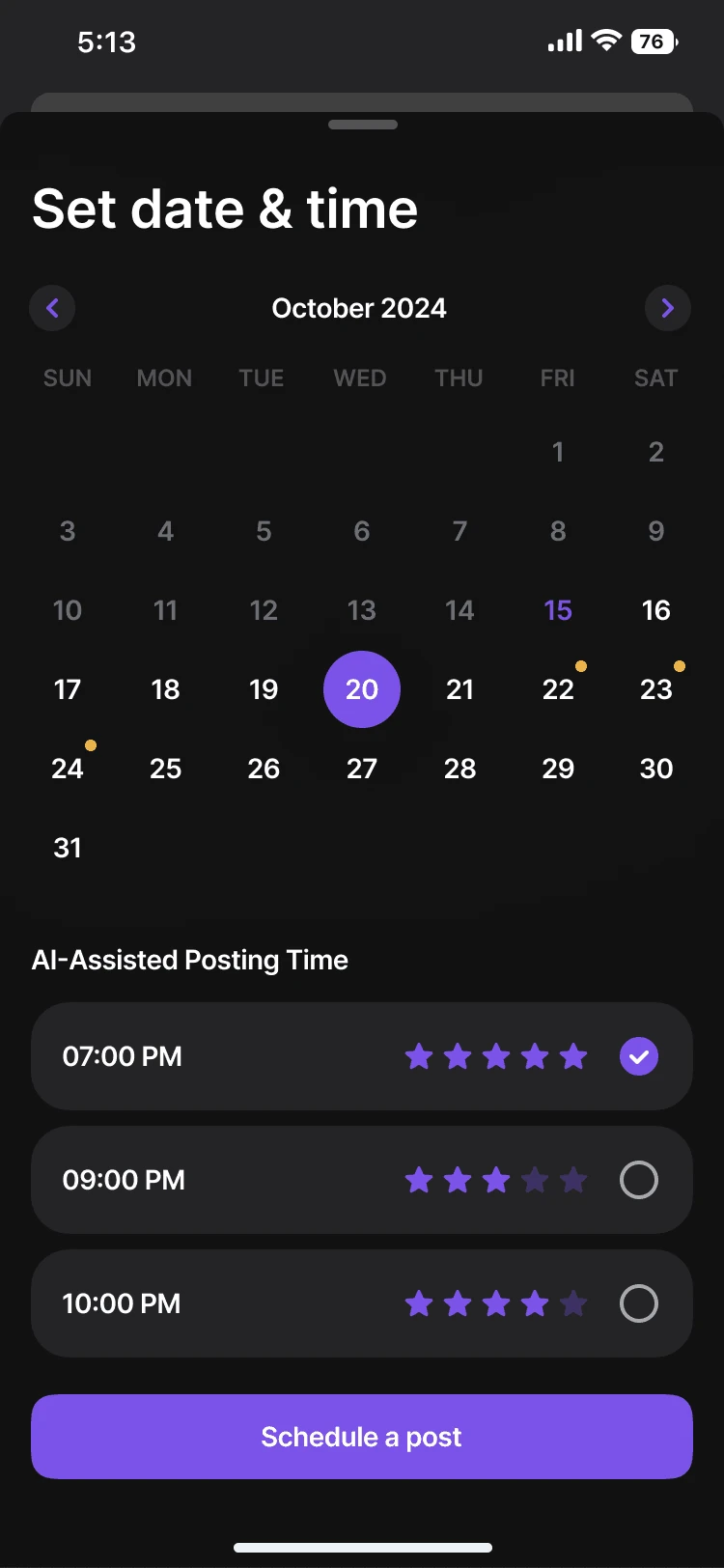 inhub post scheduling with AI-assisted posting time
