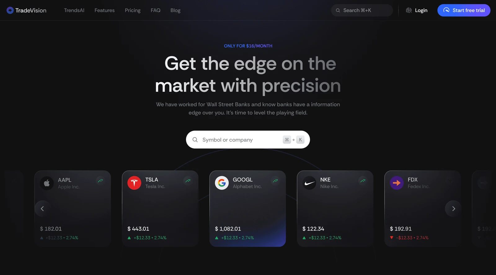 TradeVision landing page: “Get the edge on the market with precision”